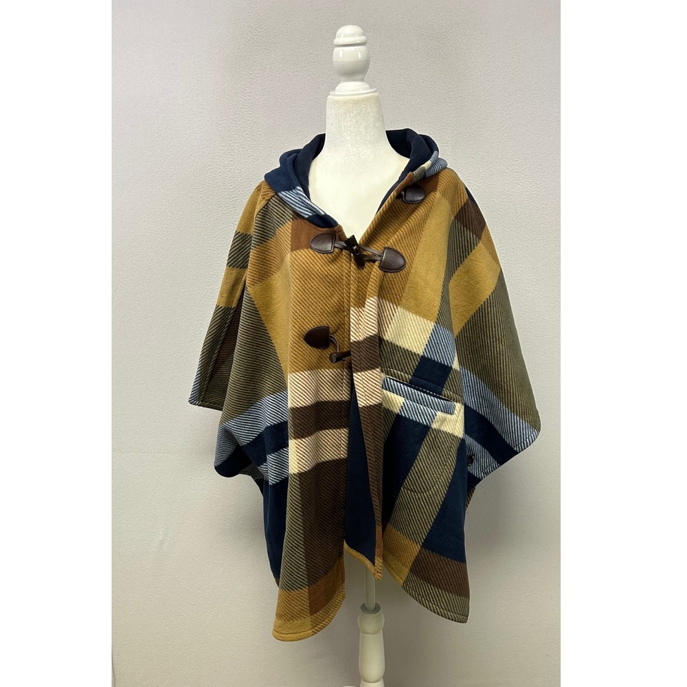 Cabincore Rachel Rachel Roy Womens OS Yellow Plaid Hooded Toggle Fleece Poncho